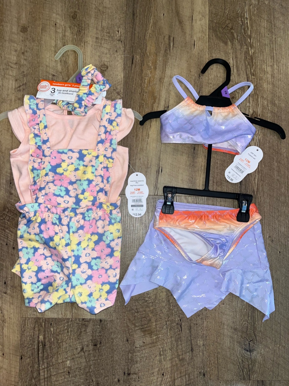 NWT Wonder Nation 12 mo. Girls Floral Romper Set & Lilac Mermaid Bikini Set